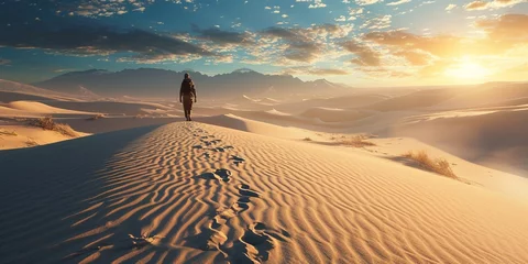 Gordijnen A surreal desert landscape with a person walking toward a mirage of mental clarity, each step leaving footprints of introspection in the sand. © colorful imagination