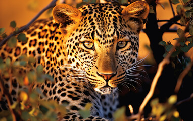 In the shadow of the trees, the leopard's eyes gleam with predatory intent as it surveys the surroundings