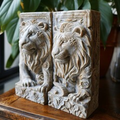 Stone Lion Bookends on Wooden Table with Green Plant Background