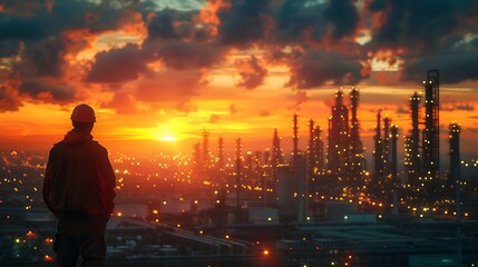 Fototapeta na wymiar Copy space a worker looking at a diesel oil distillery at sunset, innovative page design, professional photography, AI Image Generative