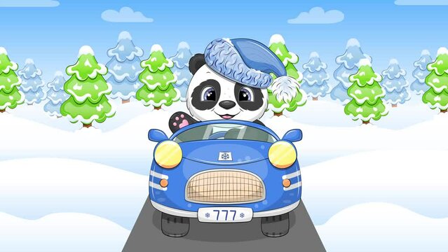 Cute cartoon panda driving the car in winter. Animation with animal, trees and snow.