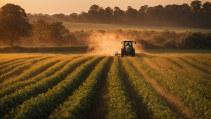 Tractor is harvesting agricultural crops, Combine harvester, agricultural field with sunset background.  Generative Ai