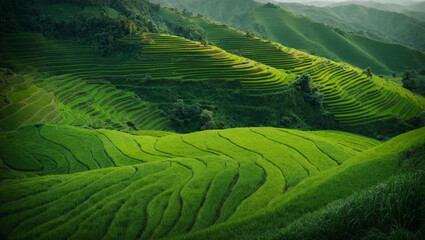 Green hillside with green rice fields, Green rice terraces on a hillside. Generative Ai