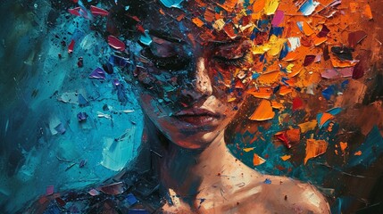 A stylized, shattered glass representation of the human psyche, with emotions and memories splashing through the cracks onto a colorful canvas. - obrazy, fototapety, plakaty