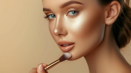 Closeup portrait of a woman applying dry cosmetic tonal foundation on the face using makeup brush - obrazy, fototapety, plakaty