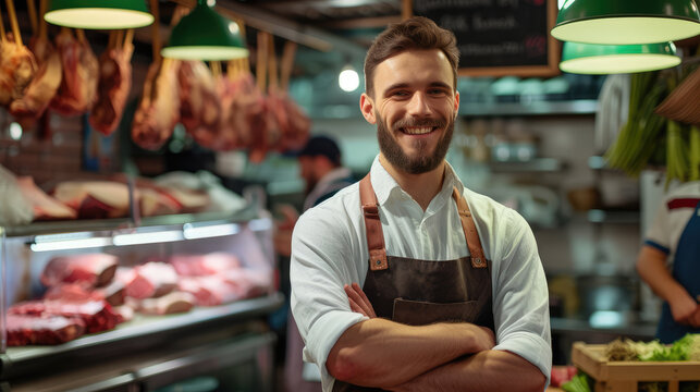 A cheerful butcher with a neat beard and apron proudly stands with arms crossed in front of a meat counter in a bustling market. - Powered by Adobe