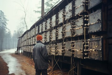 The employee uses equipment and devices in an open-air laboratory in the forest, in the style of a photo reportage