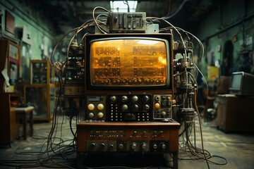 retro analog device with screen for industry and scientific research and measurements, in the interior of a factory laboratory, the concept of retro futurism lamp electronics