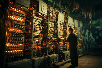 An employee controls an industrial center for measurement and computing and information processing, a retro analog device in a laboratory, in the style of a reportage editorial
