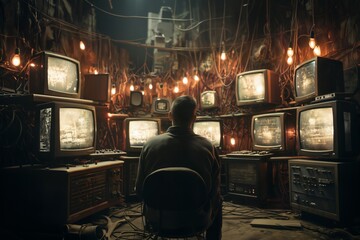 a person in a dark room watches screens and controls computer devices for computing and information processing, video surveillance and hacking