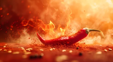 Gordijnen Hot red chili pepper on fire background © Oksana