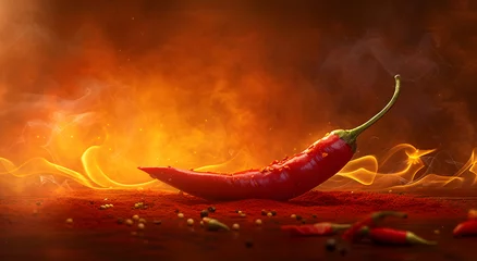 Poster Hot red chili pepper on fire background © Oksana