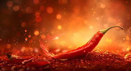 Keuken spatwand met foto Hot red chili pepper on fire background © Oksana
