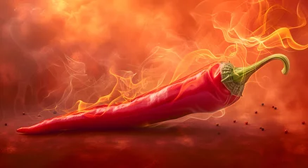 Keuken spatwand met foto Hot red chili pepper on fire background © Oksana