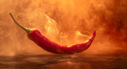Rolgordijnen Hot red chili pepper on fire background © Oksana