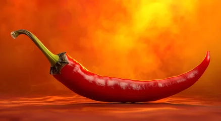 Tuinposter Hot red chili pepper on fire background © Oksana