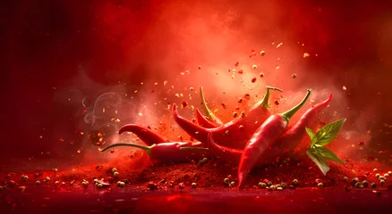 Garden poster Hot chili peppers Hot red chili pepper on fire background
