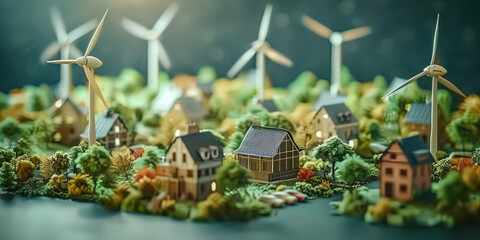  model of small city with wind turbines, alternative electricity source, green eco city concept