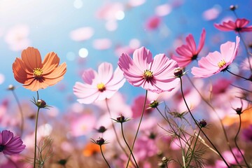 Beautiful spring summer bright natural background with colorful cosmos flowers
