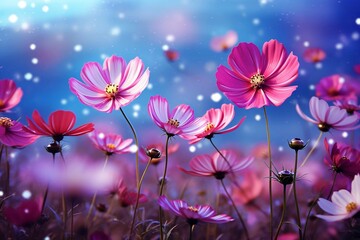 Beautiful spring summer bright natural background with colorful cosmos flowers