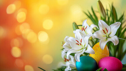 A festive bouquet of white lilies and colorful Easter eggs
