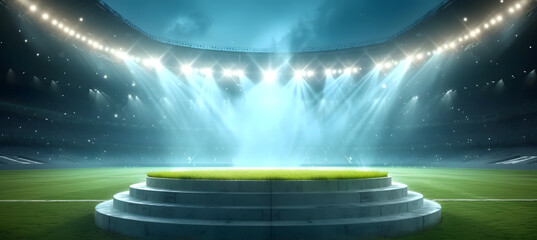 podium in the center of a stadium, surrounded by rows of empty seats and light flashes. The podium...