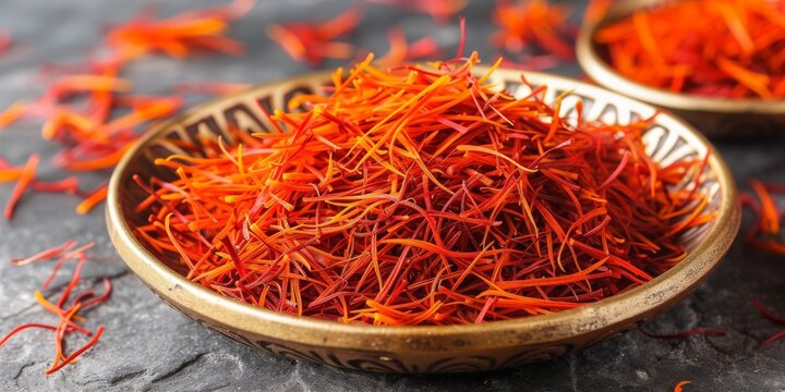 Vibrant Threads of Saffron Presented in a Traditional Gold Bowl, a Testament to Culinary Luxury, Generative AI