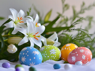 A festive bouquet of white lilies and colorful Easter eggs