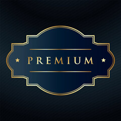 Blue label with text PREMIUM in golden frame. Vector. 