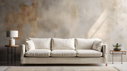  white sofa on beige  concrete wall,