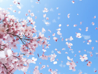 Beautiful bright background with sakura flowers and blue sky. Spring header concept.