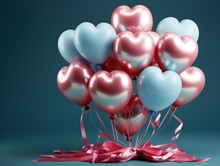 Ramo de, globos en forma de corazón azul celeste, rosa perla, fondo oscuro y mate, anudados cintas y lazo, cumpleaños, celebración, aniversario, años, visto de frente hacia la derecha, espacio copy