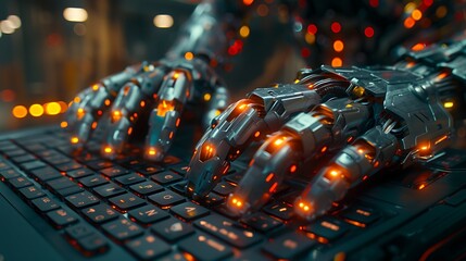 Fototapeta na wymiar Robotic hand typing on the keyboard futuristic robot AI Image Generative