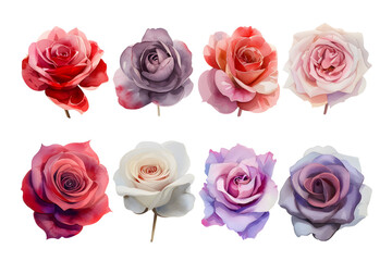 Collection of pink roses flowers isolated on white background