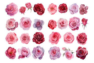 Fototapeta premium Collection of pink roses flowers isolated on white background
