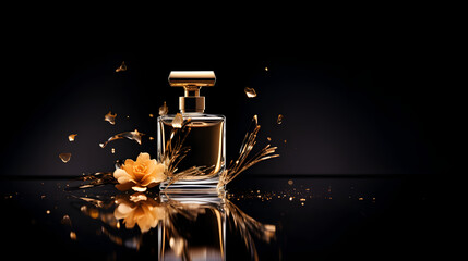 Fototapeta na wymiar Luxurious perfume bottle mockup exquisite perfume commercial with natural light and rich rextures in,, Modern glass men perfume bottle among black rocks in the rain, fragrance and perfumery, post-pro 