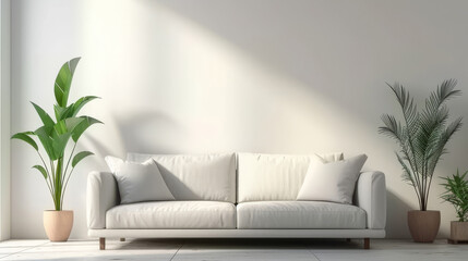 Fototapeta na wymiar empty room with a white couch and two plants on white wall, modern living room interior house