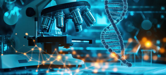 DNA double helix. DNA molecule structure. Medical science research of chromosome DNA genetic biotechnology in human genome cell. Science laboratory experiments analysis and genetic engineering study.