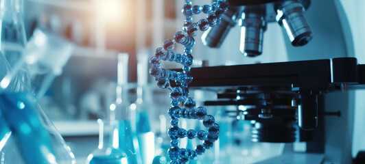 DNA double helix. DNA molecule structure. Medical science research of chromosome DNA genetic biotechnology in human genome cell. Science laboratory experiments analysis and genetic engineering study.