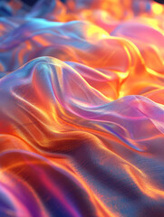 Obraz premium Metallic 3D abstract silk cloth 3D futuristic cyberpunk hyper realism detailed isolated colorful reflective holographic flow silk gold iridescence glowing background.