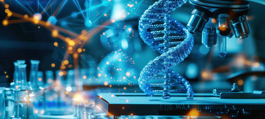 DNA double helix. DNA molecule structure. Medical science research of chromosome DNA genetic biotechnology in human genome cell. Science laboratory experiments analysis and genetic engineering study. - obrazy, fototapety, plakaty