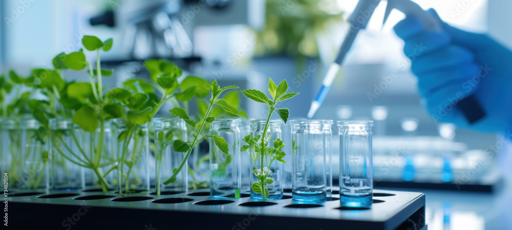 Poster plants in lab tube. science laboratory experiments analysis and genetic engineering study.