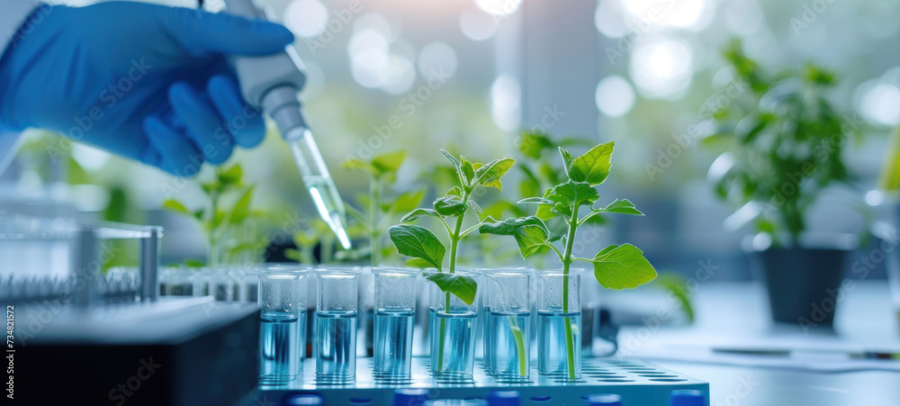 Poster plants in lab tube. science laboratory experiments analysis and genetic engineering study.