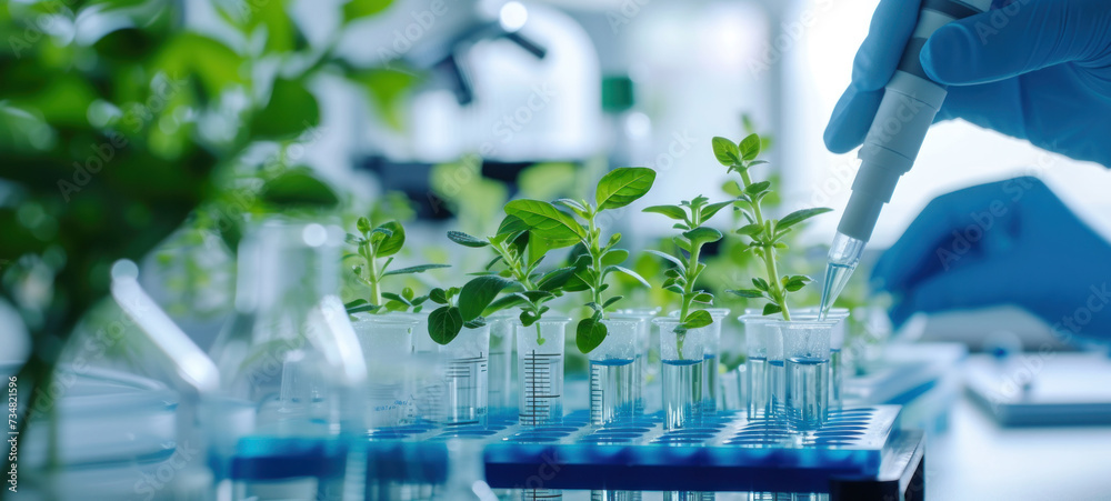 Poster plants in lab tube. science laboratory experiments analysis and genetic engineering study.