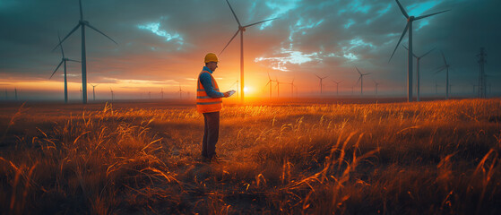 During sunset, male engineers work on the site of a wind turbine powered by natural energy. Objectives of auditing the main operations of wind power plants. - obrazy, fototapety, plakaty