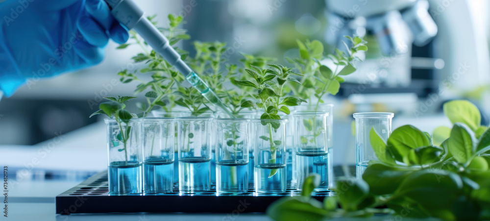 Poster plants in lab tube. science laboratory experiments analysis and genetic engineering study.