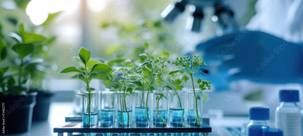 Poster plants in lab tube. science laboratory experiments analysis and genetic engineering study.
