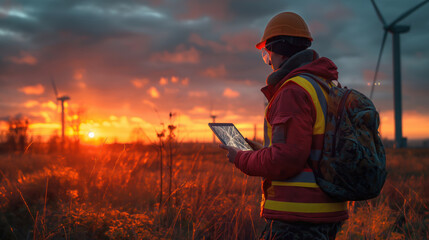 During sunset, a male engineer works on the site of a wind turbine powered by natural energy. Objectives of auditing the main operations of wind power plants.
