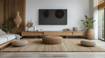 White color wall Background, minimal living room interior decor with a TV cabinet. plain light mock up. wooden furniture.