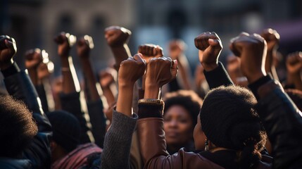 Fototapeta na wymiar Black women march together in protest. Arms and fists raised in the for activism in the community, realistic photography